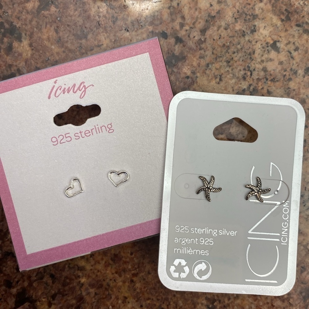 NWT 2 Adorable 925 Sterling silver Stud earrings Women’s Hearts starfish Dainty